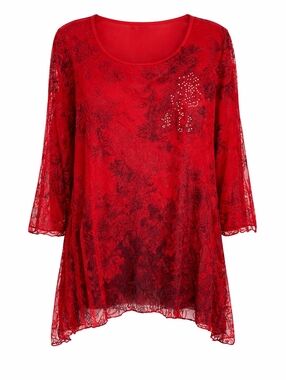 Frazzle Embellished Red & Black Lace Tunic Top Sz XL Whimsigoth Fairy Grunge